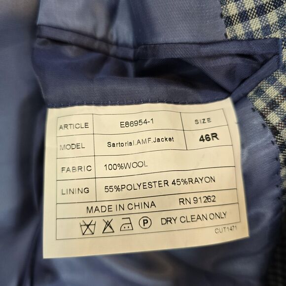 Enzo Tovare Blazer Mens 46R Blue Check Plaid Wool Sport Coat Two Button Lined - Picture 14 of 16